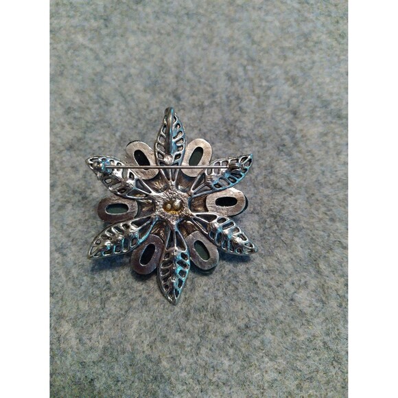 Flower Brooch Pin Faux Pearl Rhinestone Silver Tone Elegant Party Jewelry - Picture 2 of 4